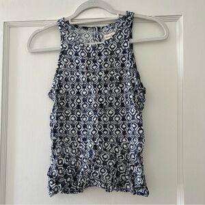 Abercrombie & Fitch Navy Blue & White High Neck Abstract Print Button Tank Top